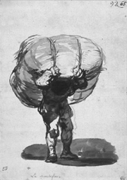 GOYA, le portefaix (the porter). drawing, brown wash, 22x48 cm